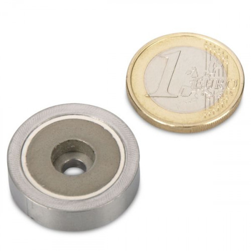 SmCo Aimant avec base en acier Ø 25,0 x 7,0 mm, trou, acier inoxydable, 8 kg