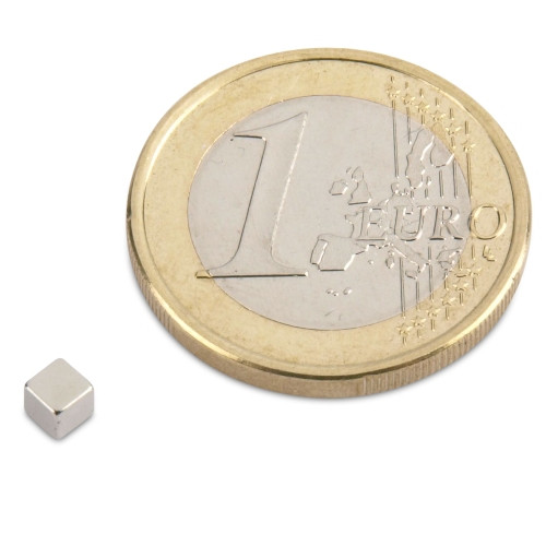 Cube magnétique 3,0 x 3,0 x 3,0 mm N45 nickel - adhérence 400 g