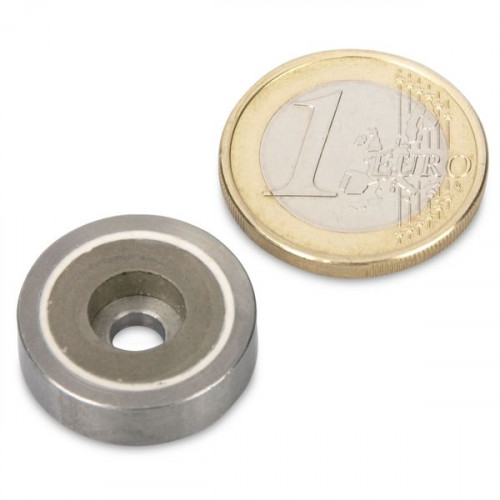 SmCo Aimant avec base en acier Ø 20,0 x 6,0 mm, trou, acier inoxydable, 6 kg