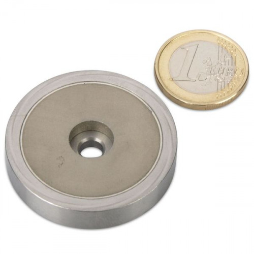 SmCo Aimant avec base en acier Ø 40,0 x 8,0 mm, trou, acier inoxydable, 42 kg