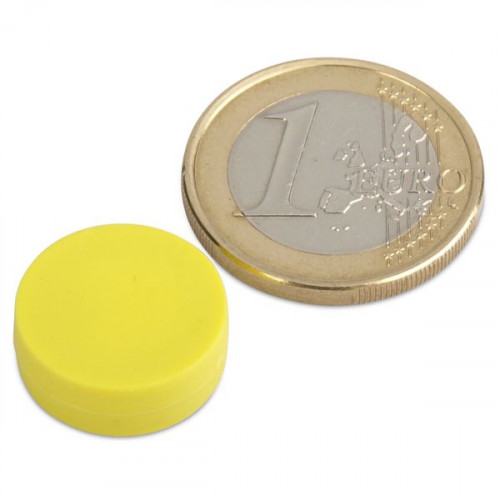 Aimant néodyme Ø 16,0 x 6,0 mm avec revêtement plastique - jaune - 2,6 kg