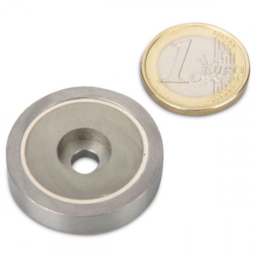 SmCo Aimant avec base en acier Ø 32,0 x 7,0 mm, trou, acier inoxydable, 20 kg