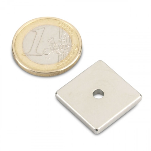 Cuboïde magnétique 20,0 x 20,0 x 3,0 mm N45 nickel - trou Ø 3,5 mm
