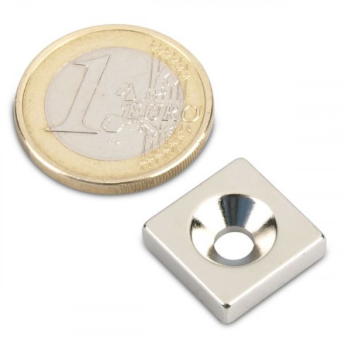 Cuboïde magnétique 15,0 x 15,0 x 4,0 mm N35 nickel avec trou fraisé